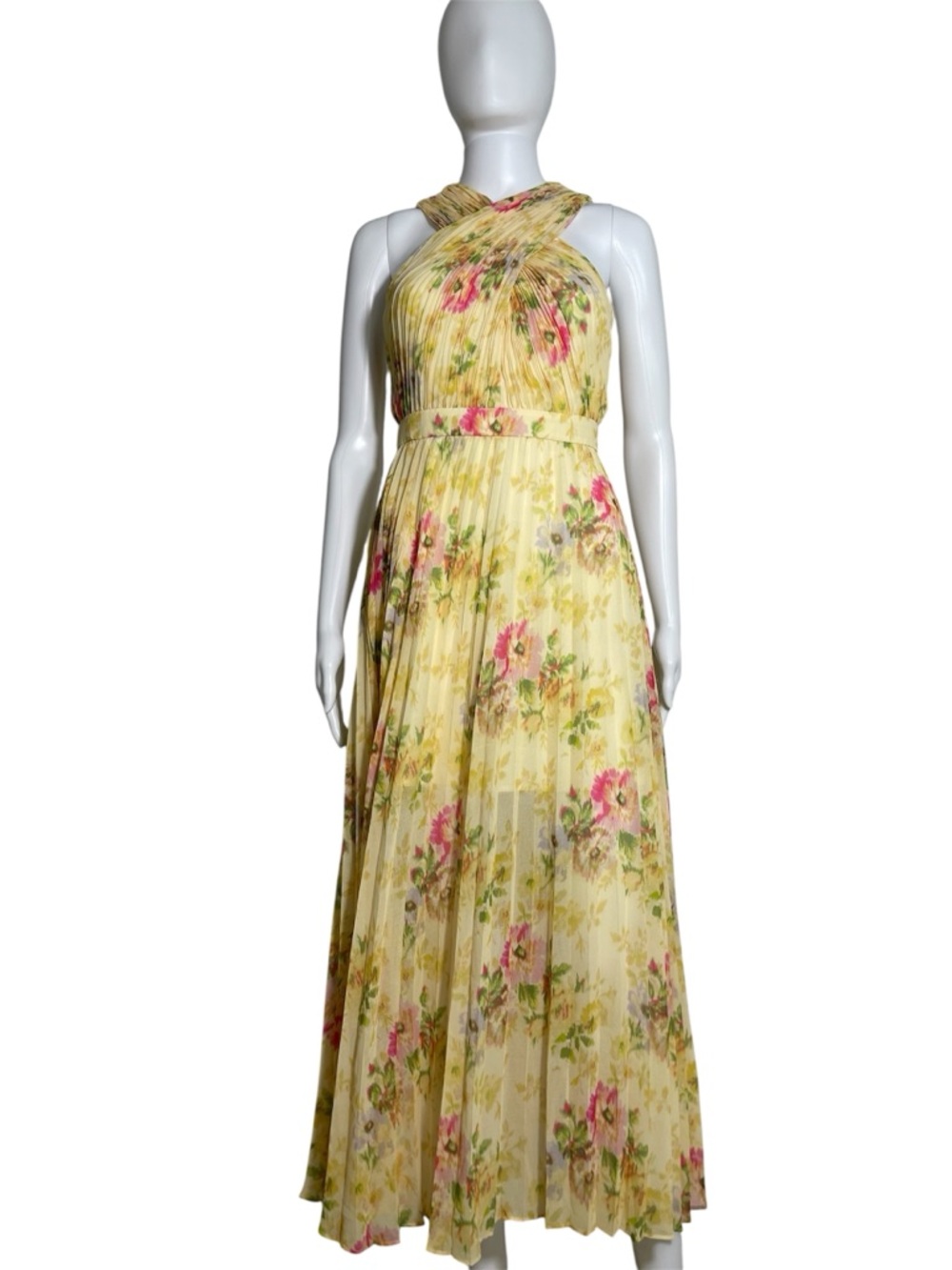 Ted Baker London Pale Yellow Floral Cross‑Halter Pleated Midi Dress NWT Size 0